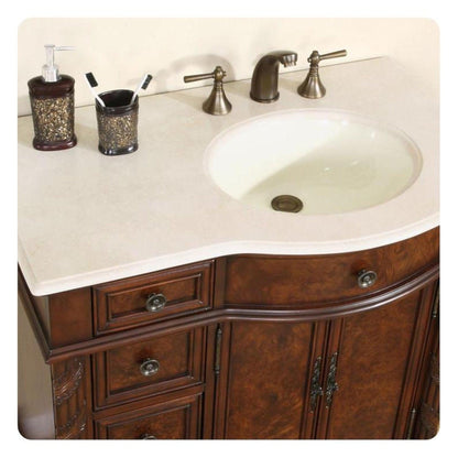 Silkroad Exclusive 36" Left Side Single Sink English Chestnut Bathroom Vanity With Crema Marfil Marble Countertop and Ivory Ceramic Undermount Sink - HYP-0213-CM-UIC-36-L
