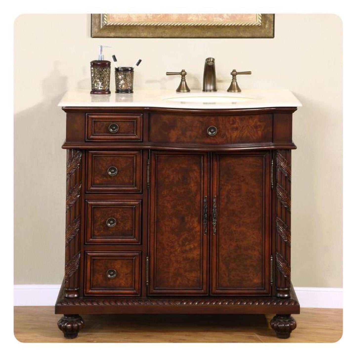 Silkroad Exclusive 36" Left Side Single Sink English Chestnut Bathroom Vanity With Crema Marfil Marble Countertop and Ivory Ceramic Undermount Sink - HYP-0213-CM-UIC-36-L