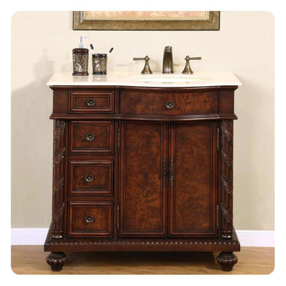 Silkroad Exclusive 36" Left Side Single Sink English Chestnut Bathroom Vanity With Crema Marfil Marble Countertop and Ivory Ceramic Undermount Sink - HYP-0213-CM-UIC-36-L