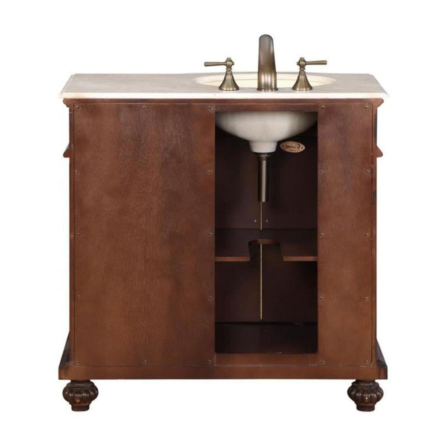 Silkroad Exclusive 36" Right Side Single Sink English Chestnut Bathroom Vanity With Crema Marfil Marble Countertop and Ivory Ceramic Undermount Sink - HYP-0213-CM-UIC-36-R