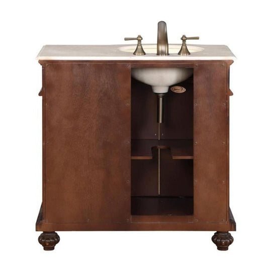 Silkroad Exclusive 36" Right Side Single Sink English Chestnut Bathroom Vanity With Crema Marfil Marble Countertop and Ivory Ceramic Undermount Sink - HYP-0213-CM-UIC-36-R