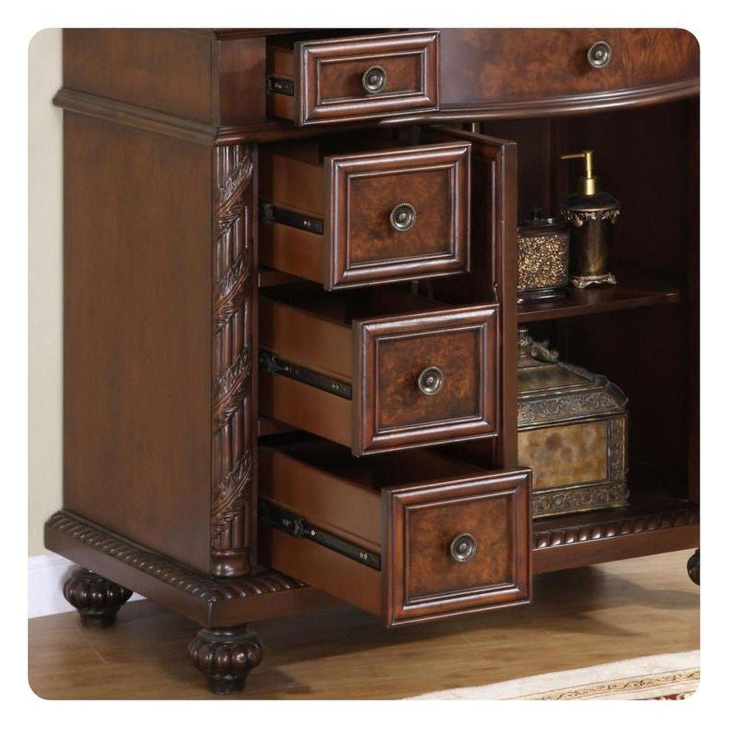 Silkroad Exclusive 36" Right Side Single Sink English Chestnut Bathroom Vanity With Crema Marfil Marble Countertop and Ivory Ceramic Undermount Sink - HYP-0213-CM-UIC-36-R
