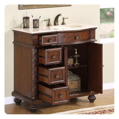 Silkroad Exclusive 36" Right Side Single Sink English Chestnut Bathroom Vanity With Crema Marfil Marble Countertop and Ivory Ceramic Undermount Sink - HYP-0213-CM-UIC-36-R