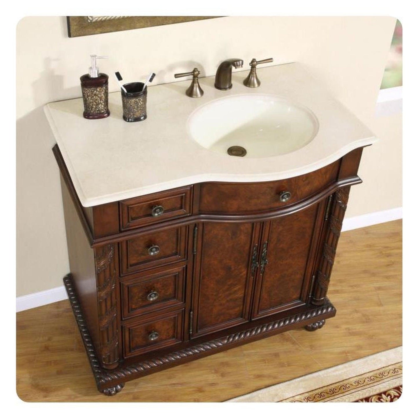 Silkroad Exclusive 36" Right Side Single Sink English Chestnut Bathroom Vanity With Crema Marfil Marble Countertop and Ivory Ceramic Undermount Sink - HYP-0213-CM-UIC-36-R