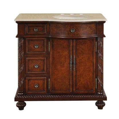 Silkroad Exclusive 36" Right Side Single Sink English Chestnut Bathroom Vanity With Crema Marfil Marble Countertop and Ivory Ceramic Undermount Sink - HYP-0213-CM-UIC-36-R