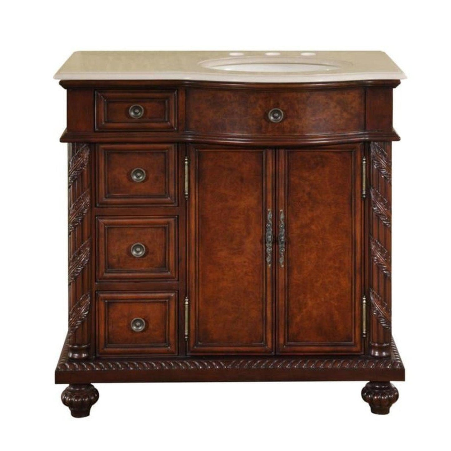 Silkroad Exclusive 36" Right Side Single Sink English Chestnut Bathroom Vanity With Crema Marfil Marble Countertop and Ivory Ceramic Undermount Sink - HYP-0213-CM-UIC-36-R