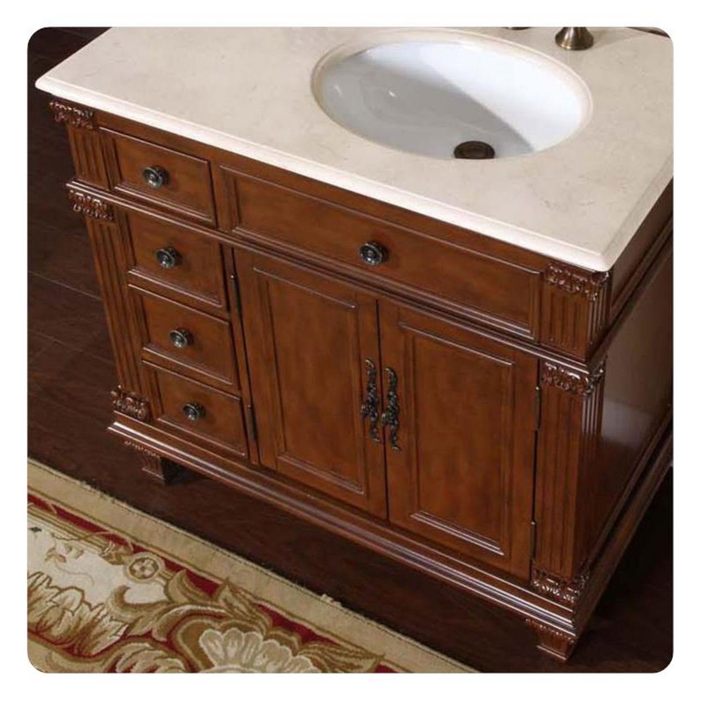 Silkroad Exclusive 36" Right Side Single Sink Vermont Maple Bathroom Vanity With Crema Marfil Marble Countertop and White Ceramic Undermount Sink - HYP-0210-CM-UWC-36-R