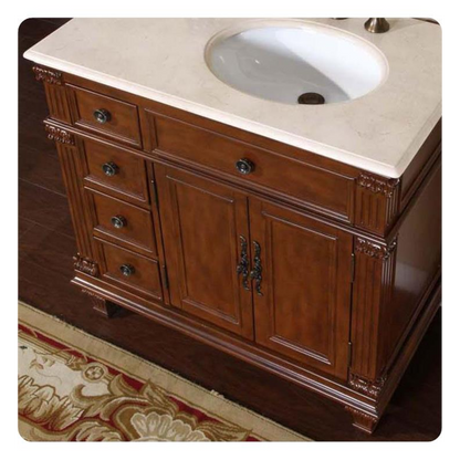 Silkroad Exclusive 36" Right Side Single Sink Vermont Maple Bathroom Vanity With Crema Marfil Marble Countertop and White Ceramic Undermount Sink - HYP-0210-CM-UWC-36-R