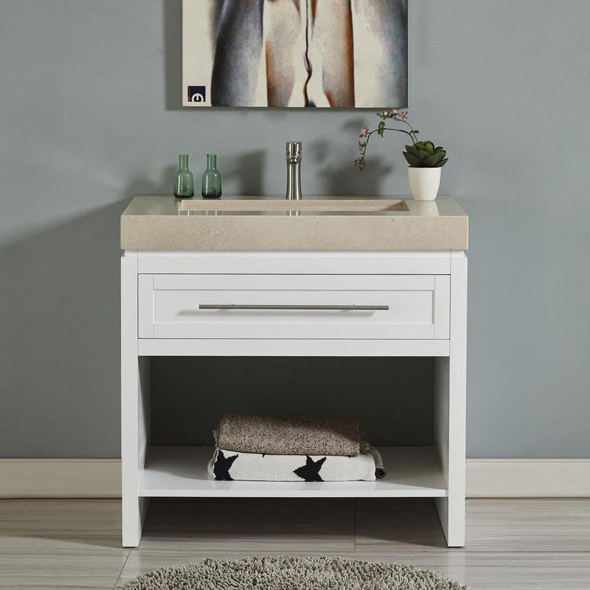 Silkroad Exclusive 36" Single Sink White Bathroom Vanity Base With Drawer and Shelf Storage