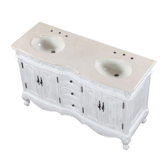 Silkroad Exclusive 58" Double Sink Antique White Bathroom Vanity With Crema Marfil Marble Countertop and Ivory Ceramic Undermount Sink - HYP-0145-CM-UIC-58