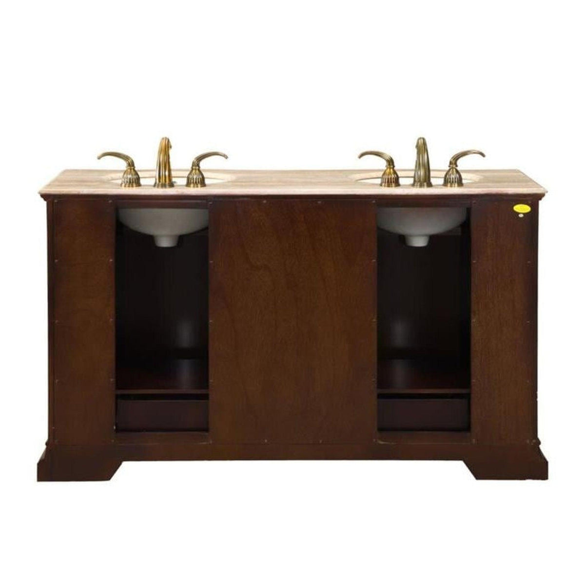 Silkroad Exclusive 60" Double Sink American Walnut Bathroom Vanity With Travertine Countertop and Ivory Ceramic Undermount Sink