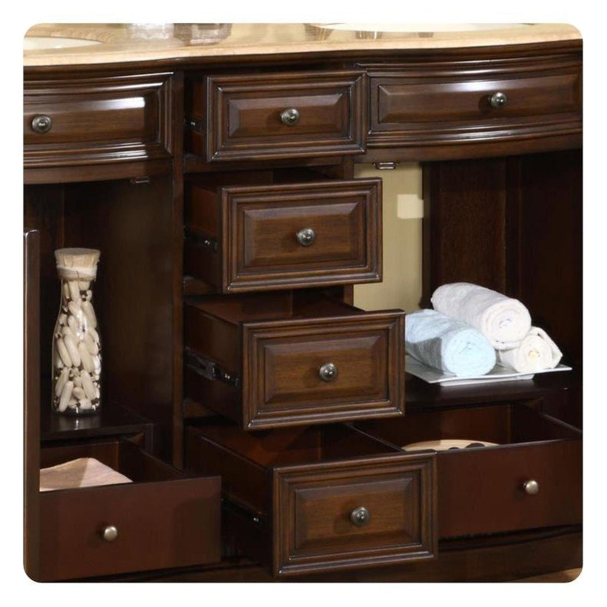 Silkroad Exclusive 60" Double Sink American Walnut Bathroom Vanity With Travertine Countertop and Ivory Ceramic Undermount Sink