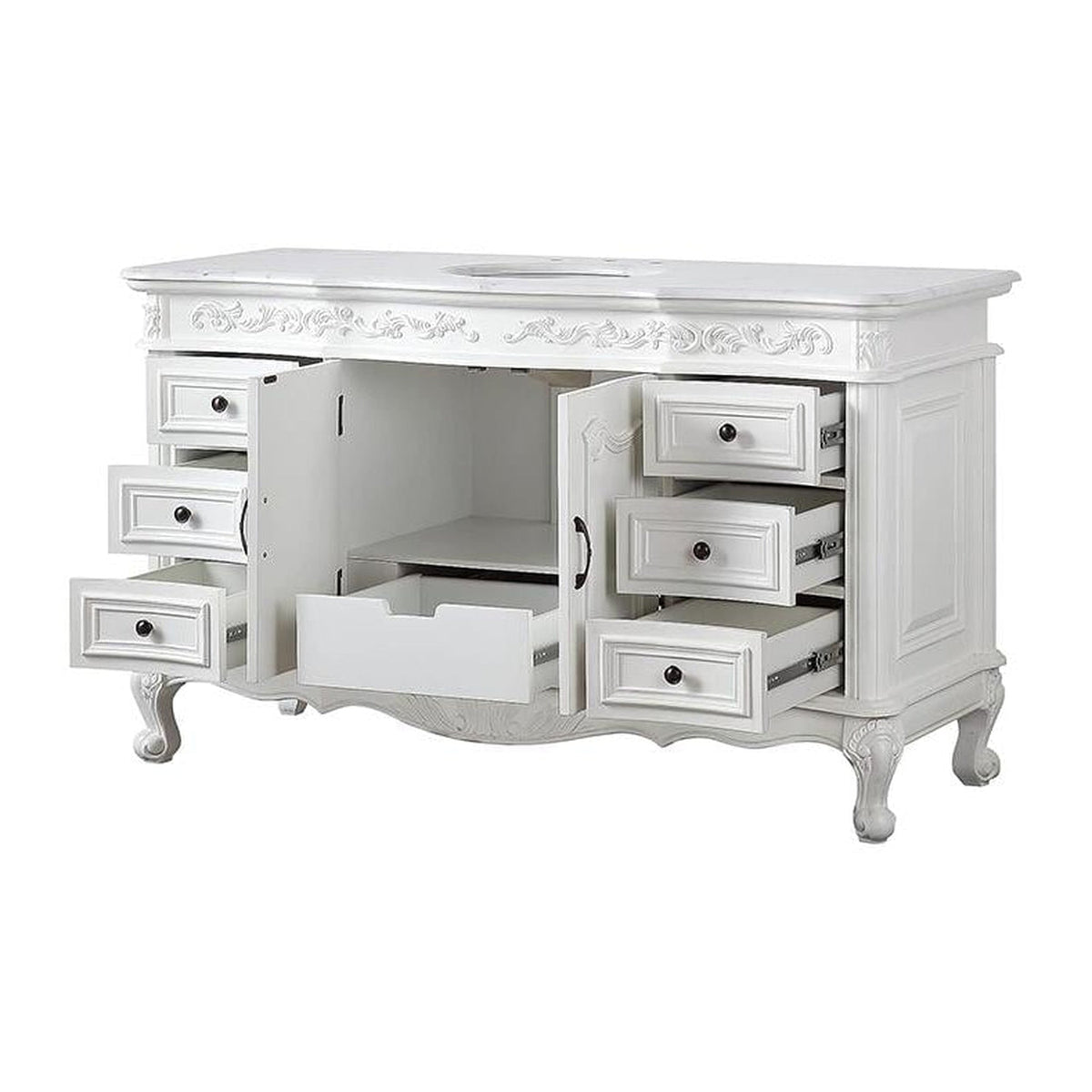 Silkroad Exclusive 60" Single Sink Antique White Bathroom Vanity With Carrara White Marble Countertop and White Ceramic Undermount Sink