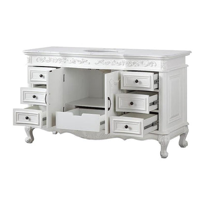 Silkroad Exclusive 60" Single Sink Antique White Bathroom Vanity With Carrara White Marble Countertop and White Ceramic Undermount Sink