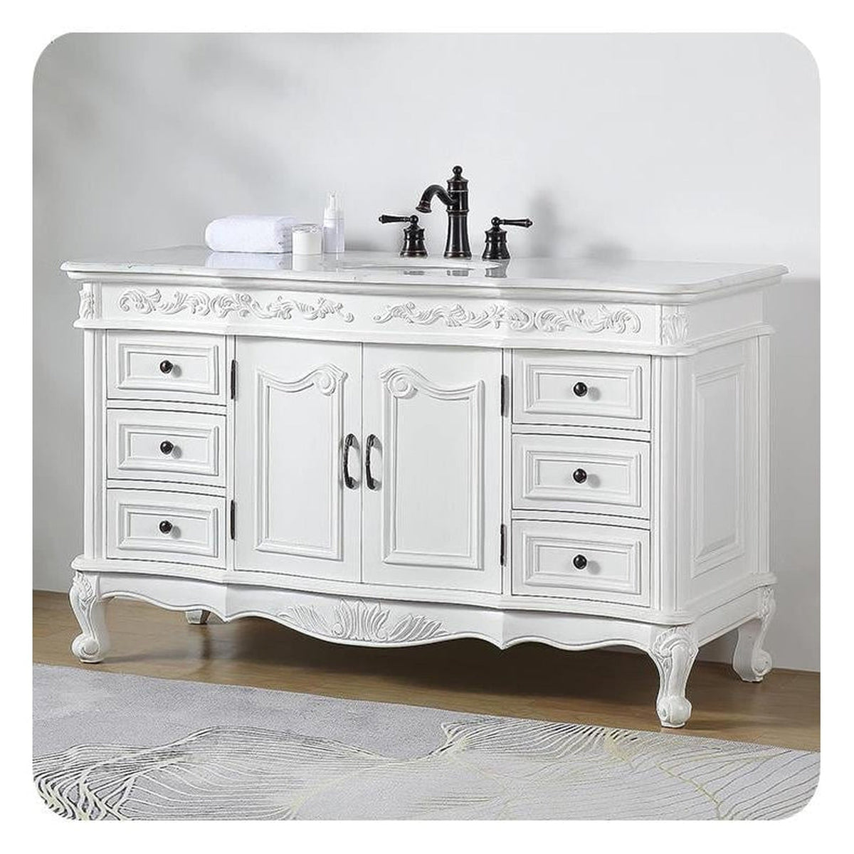 Silkroad Exclusive 60" Single Sink Antique White Bathroom Vanity With Carrara White Marble Countertop and White Ceramic Undermount Sink