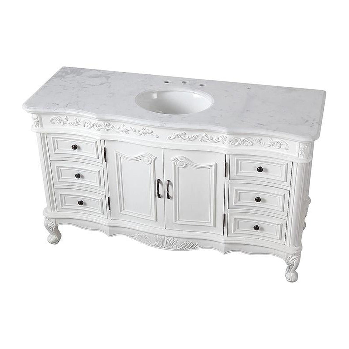 Silkroad Exclusive 60" Single Sink Antique White Bathroom Vanity With Carrara White Marble Countertop and White Ceramic Undermount Sink