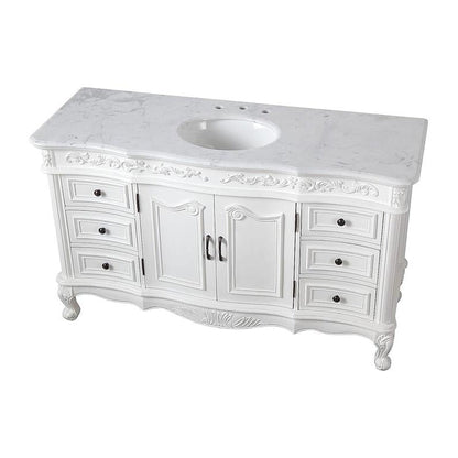 Silkroad Exclusive 60" Single Sink Antique White Bathroom Vanity With Carrara White Marble Countertop and White Ceramic Undermount Sink