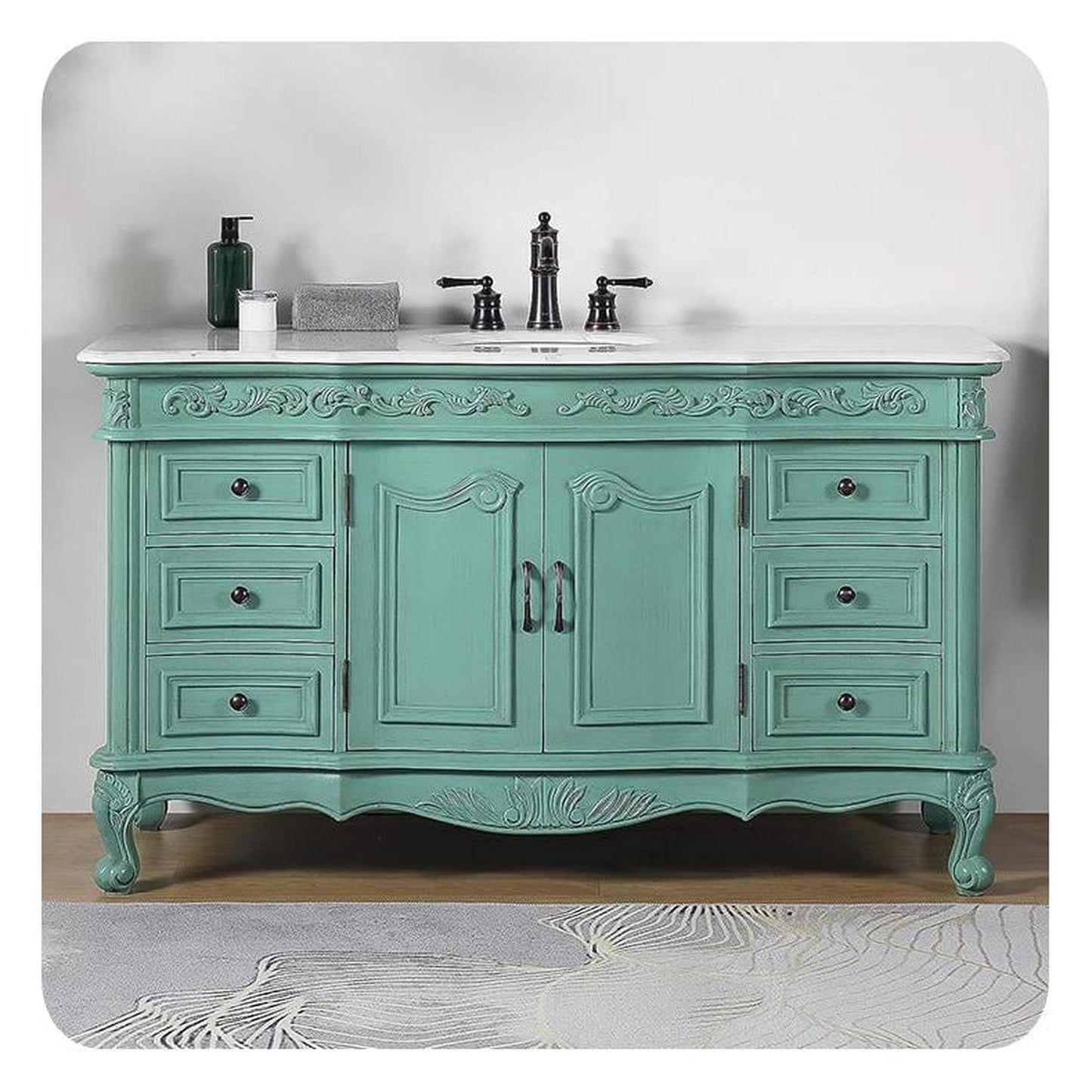 Silkroad Exclusive 60" Single Sink Vintage Green Bathroom Vanity With Carrara White Marble Countertop and White Ceramic Undermount Sink - V0299NW60C