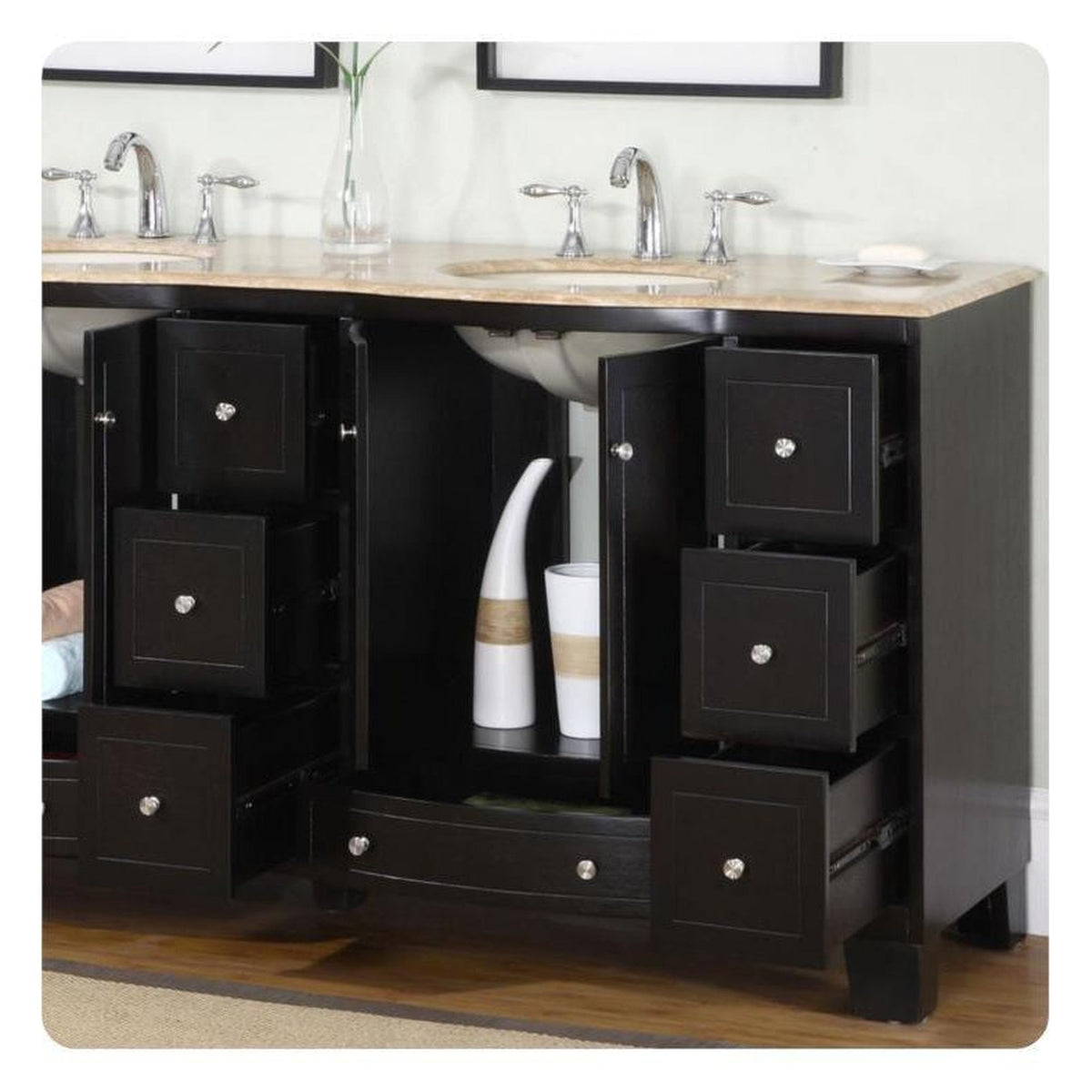 Silkroad Exclusive 72" Double Sink Dark Espresso Bathroom Vanity With Travertine Countertop and Ivory Ceramic Undermount Sink