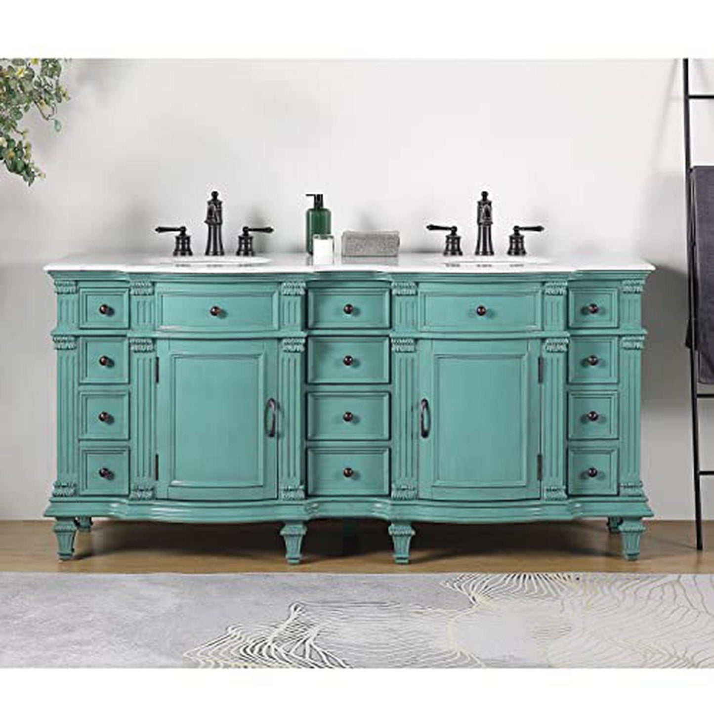 Silkroad Exclusive 72" Double Sink Retro Green Bathroom Vanity With Carrara White Marble Countertop and White Ceramic Undermount Sink - V0722NW72D