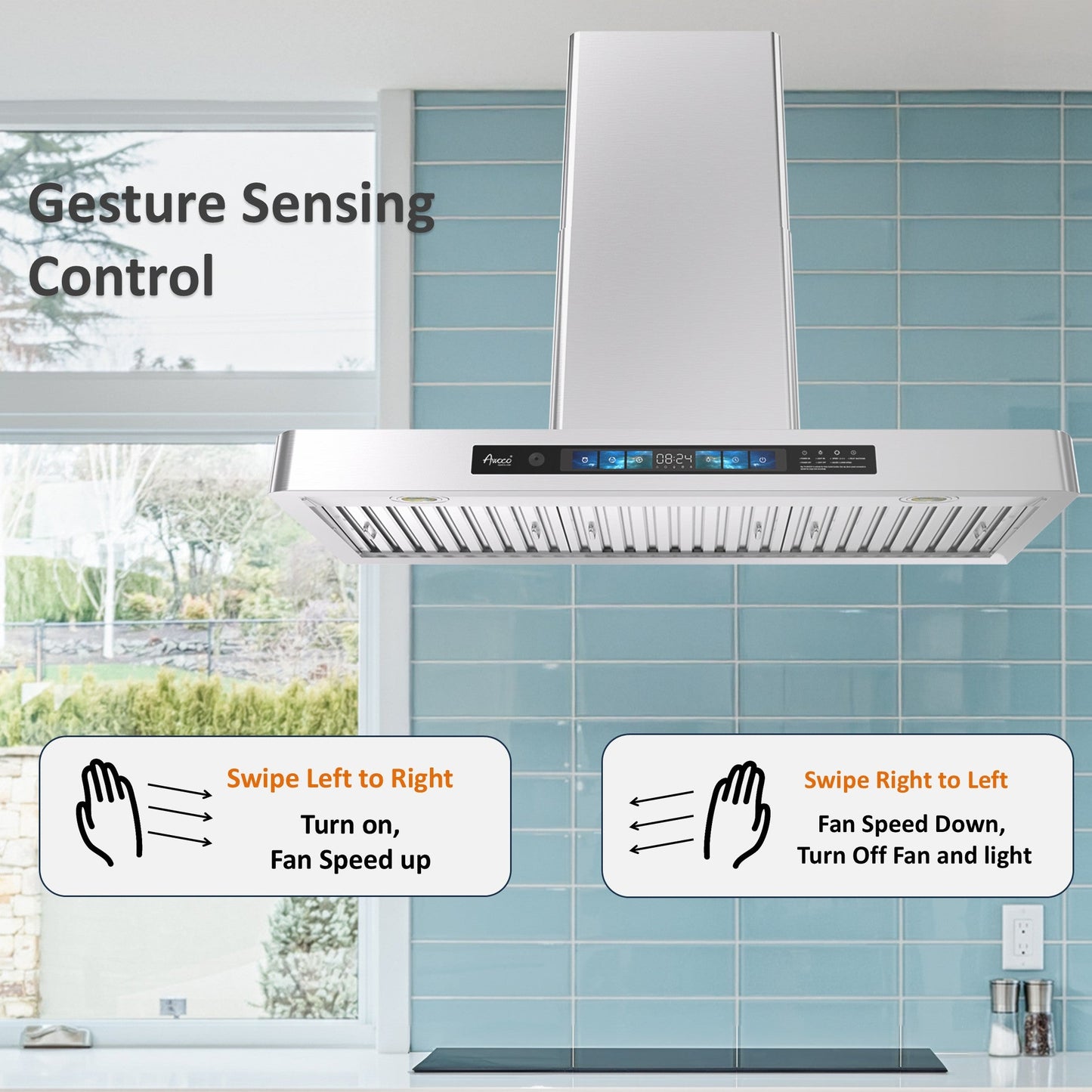 Awoco RH-WT-V Wall Mount Range Hood - 800CFM - Voice & Gesture -  Adjustable Chimney, With 6” Blower Unit - RH-WT-V30+RH-SP06-BLW