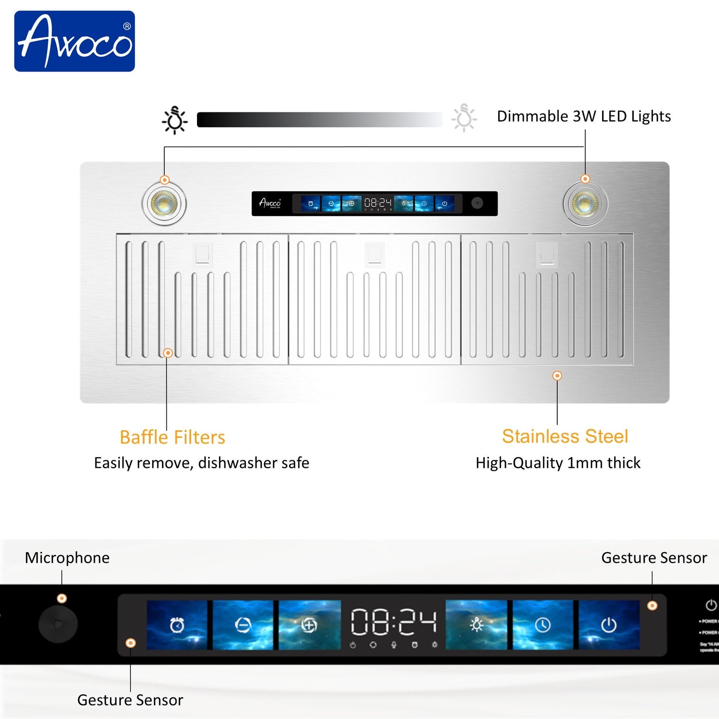 AWOCO  RH-IT06-V Ceiling Mount Range Hood - Split Insert - 800CFM - 6" Blower - RH-IT06-V30-COLD
