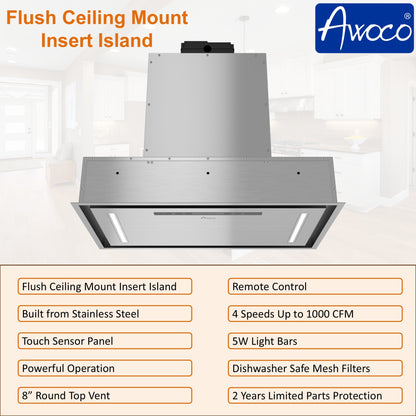 AWOCO  RH-BQ08-CR Ceiling Mount Range Hood - Insert & Island - 1000 CFM - AWC-RH-BQ08-CR30