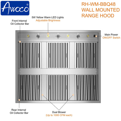 Awoco 48" Outdoor BBQ Vent Hood 18" High Type 304 Stainless Steel, 4 Speeds 2000 CFM, Dual Blowers, Adjustable LED Lights, 8” Round Top Vent - AWC-RH-WM-BBQ48