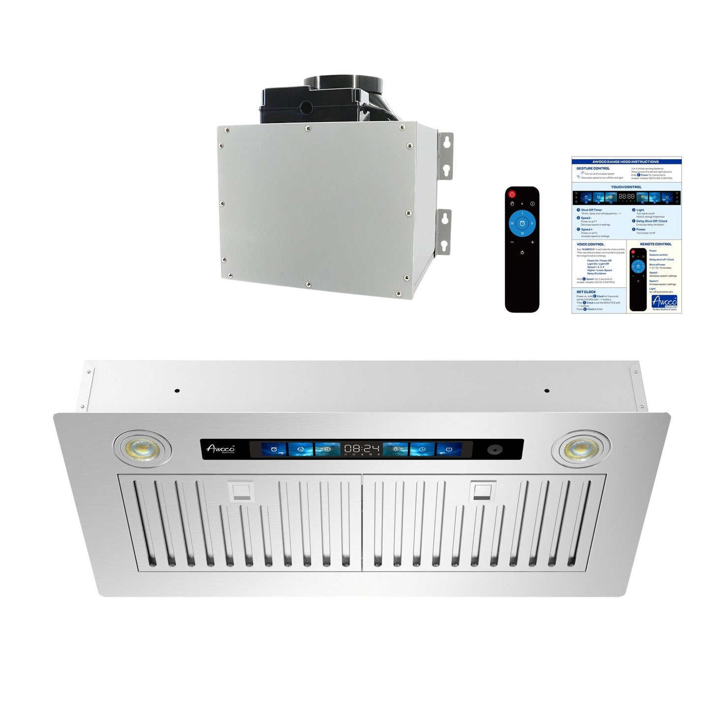 [Refurbished-A] Awoco RH-IT06-V30 30" Split Quiet Ceiling Mount Range Hood - 6 Inch Vent, 800 CFM, Voice/Gesture/Touch/Remote Control