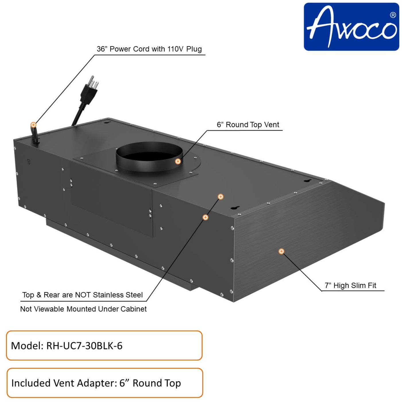 AWOCO RH-UC7-30 Under Cabinet Range Hood Black Stainless Steel Gesture - RH-UC7-30BLK-6