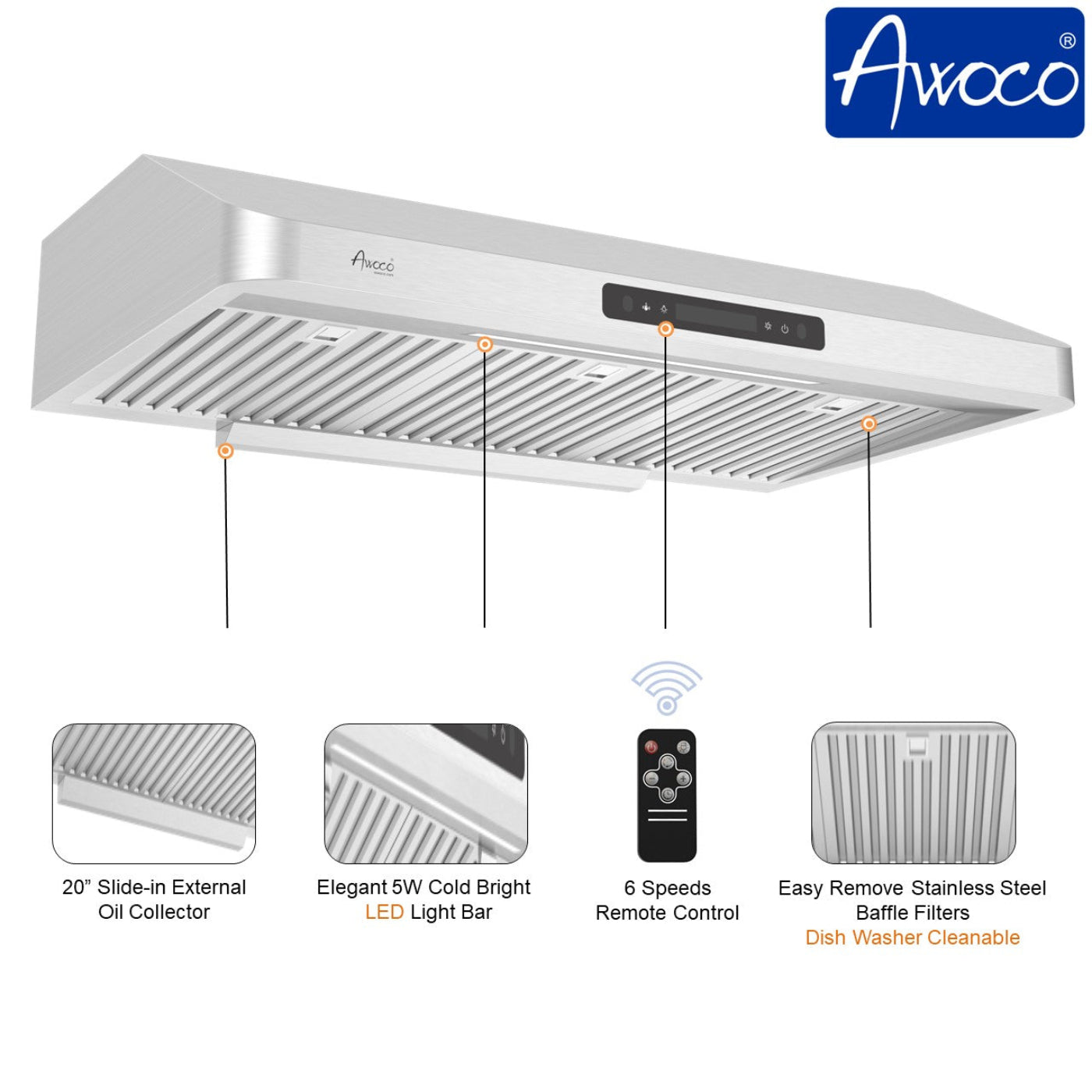 AWOCO RH-UC7-36 Under Cabinet Range Hood Stainless Steel Gesture Control - RH-UC7-36-6