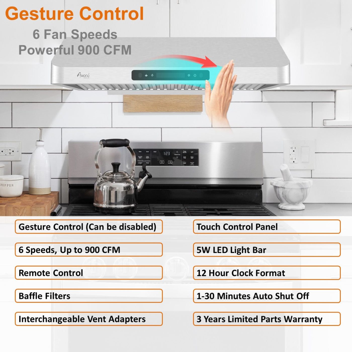 AWOCO RH-UC7-36 Under Cabinet Range Hood Stainless Steel Gesture Control - RH-UC7-36-6