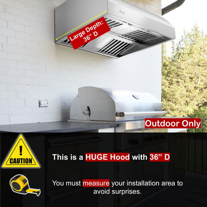 Awoco 36" Outdoor BBQ Vent Hood 18" High Type 304 Stainless Steel, 4 Speeds 1000 CFM with Chimney Cover, 8” Round Top Vent - AWC-RH-WM-BBQ-36+Chim-12x36