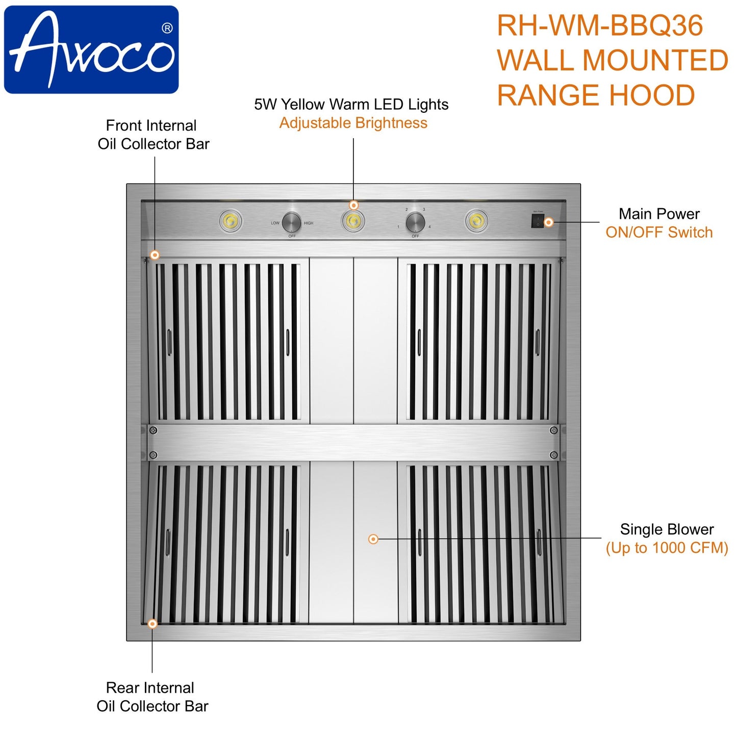 Awoco 36" Outdoor BBQ Vent Hood 18" High Type 304 Stainless Steel, 4 Speeds 1000 CFM with Chimney Cover, 8” Round Top Vent - AWC-RH-WM-BBQ-36+Chim-12x36