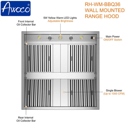 Awoco 36" Outdoor BBQ Vent Hood 18" High Type 304 Stainless Steel, 4 Speeds 1000 CFM with Chimney Cover, 8” Round Top Vent - AWC-RH-WM-BBQ-36+Chim-12x36