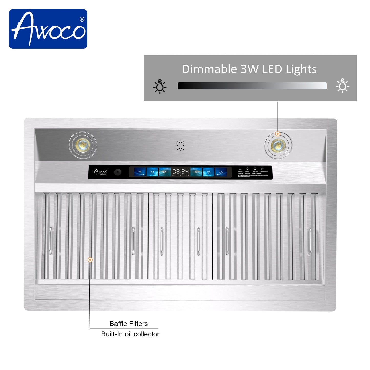 AWOCO RH-BQ-XV+8BLW Split Quiet Range Hood Insert Voice & Gesture Control 1000 CFM With 8” Blower Unit - RH-BQ-XV30+RH-SP08-BLW