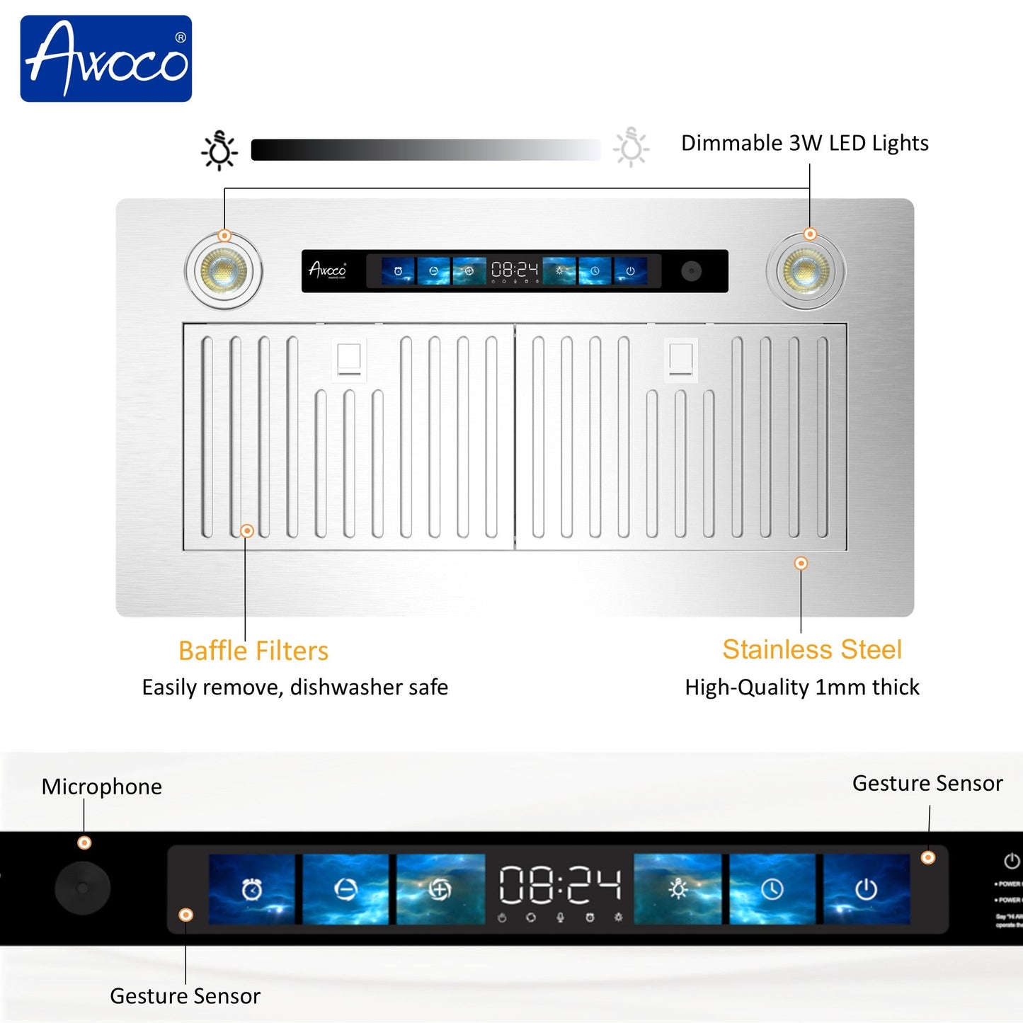 [Refurbished-A] Awoco RH-IT06-V30 30" Split Quiet Ceiling Mount Range Hood - 6 Inch Vent, 800 CFM, Voice/Gesture/Touch/Remote Control