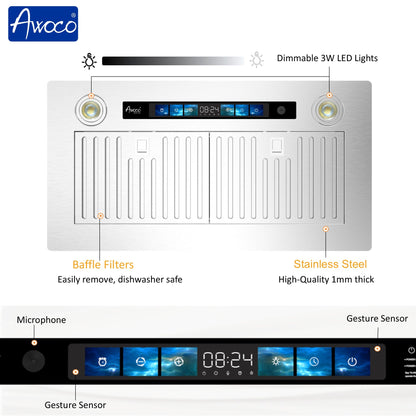 [Refurbished-A] Awoco RH-IT06-V30 30" Split Quiet Ceiling Mount Range Hood - 6 Inch Vent, 800 CFM, Voice/Gesture/Touch/Remote Control