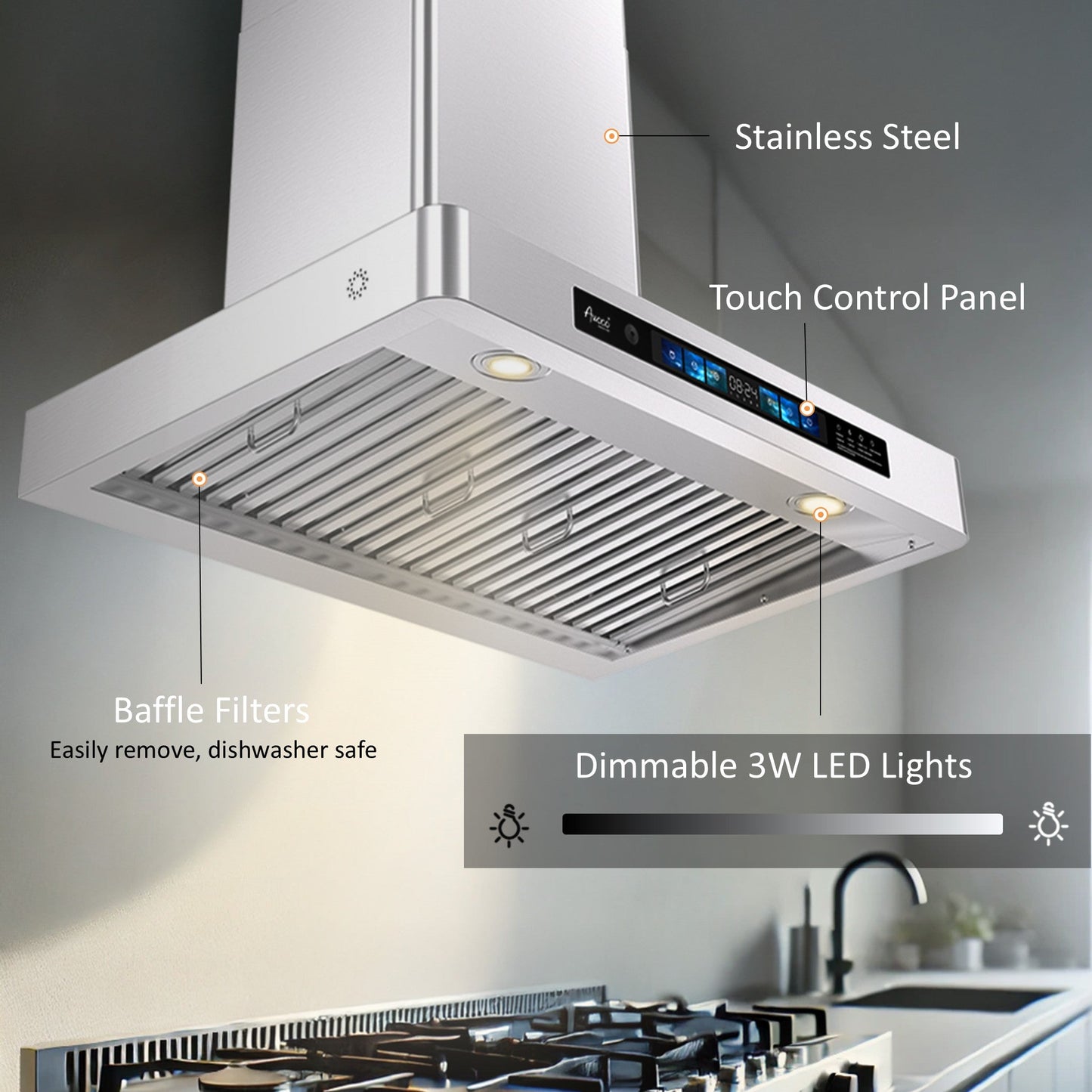 Awoco RH-WT-V Wall Mount Range Hood - 800CFM - Voice & Gesture -  Adjustable Chimney, With 6” Blower Unit - RH-WT-V30+RH-SP06-BLW