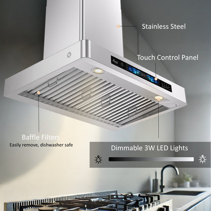 Awoco RH-WT-V Wall Mount Range Hood - 800CFM - Voice & Gesture -  Adjustable Chimney, With 6” Blower Unit - RH-WT-V30+RH-SP06-BLW
