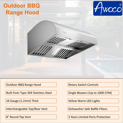 Awoco 36" Outdoor BBQ Vent Hood 18" High Type 304 Stainless Steel, 4 Speeds 1000 CFM, Adjustable LED Lights, 8” Round Top Vent - AWC-RH-WM-BBQ36