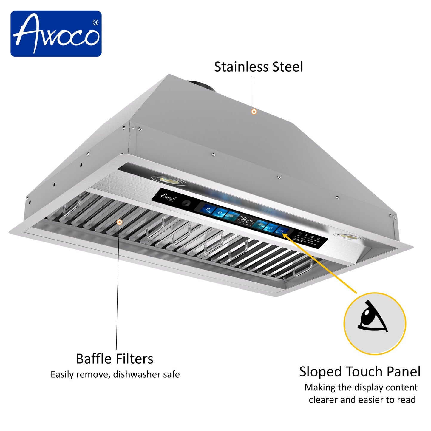 AWOCO RH-BQ-XV+8BLW Split Quiet Range Hood Insert Voice & Gesture Control 1000 CFM With 8” Blower Unit - RH-BQ-XV30+RH-SP08-BLW