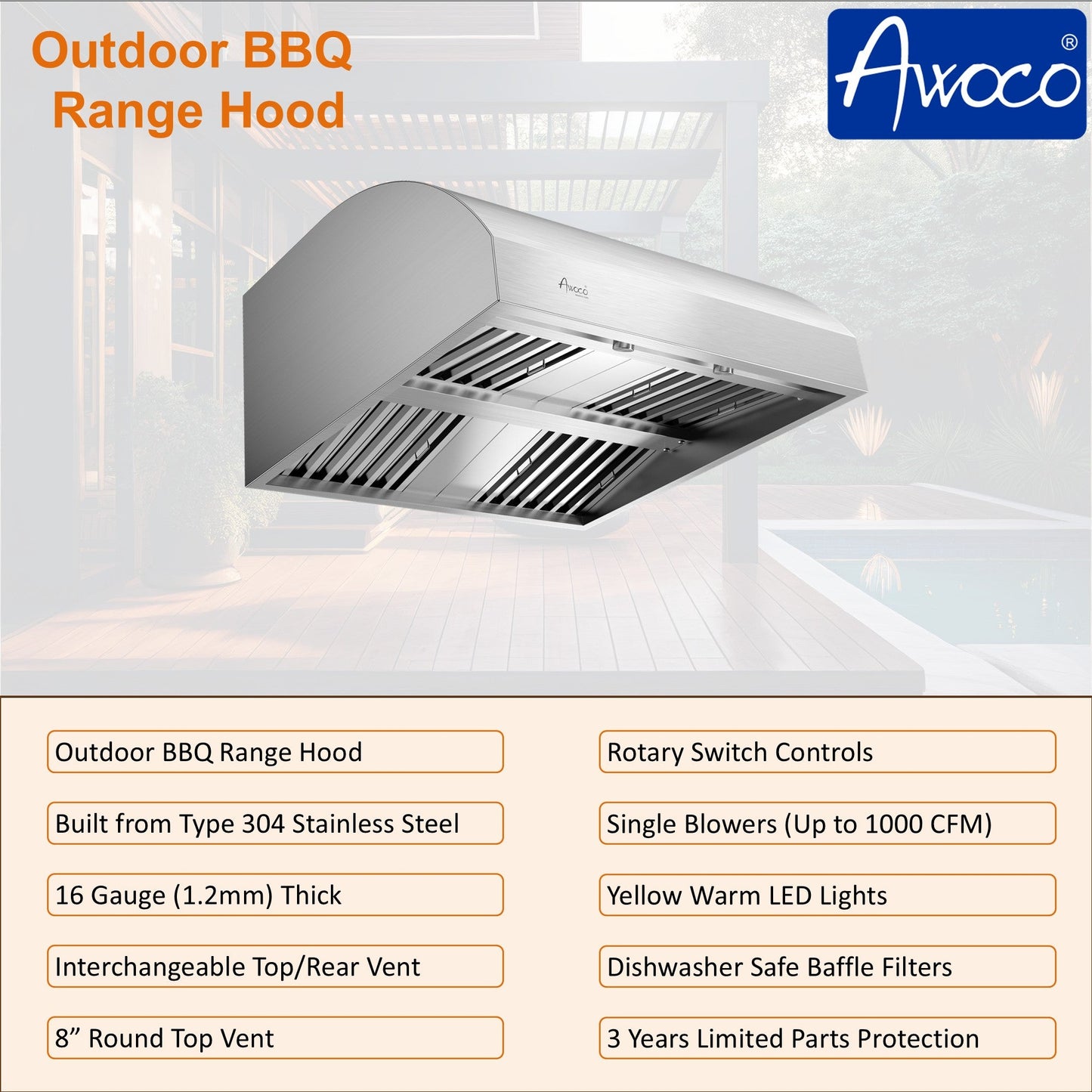 Awoco 36" Outdoor BBQ Vent Hood 18" High Type 304 Stainless Steel, 4 Speeds 1000 CFM with Chimney Cover, 8” Round Top Vent - AWC-RH-WM-BBQ-36+Chim-12x36