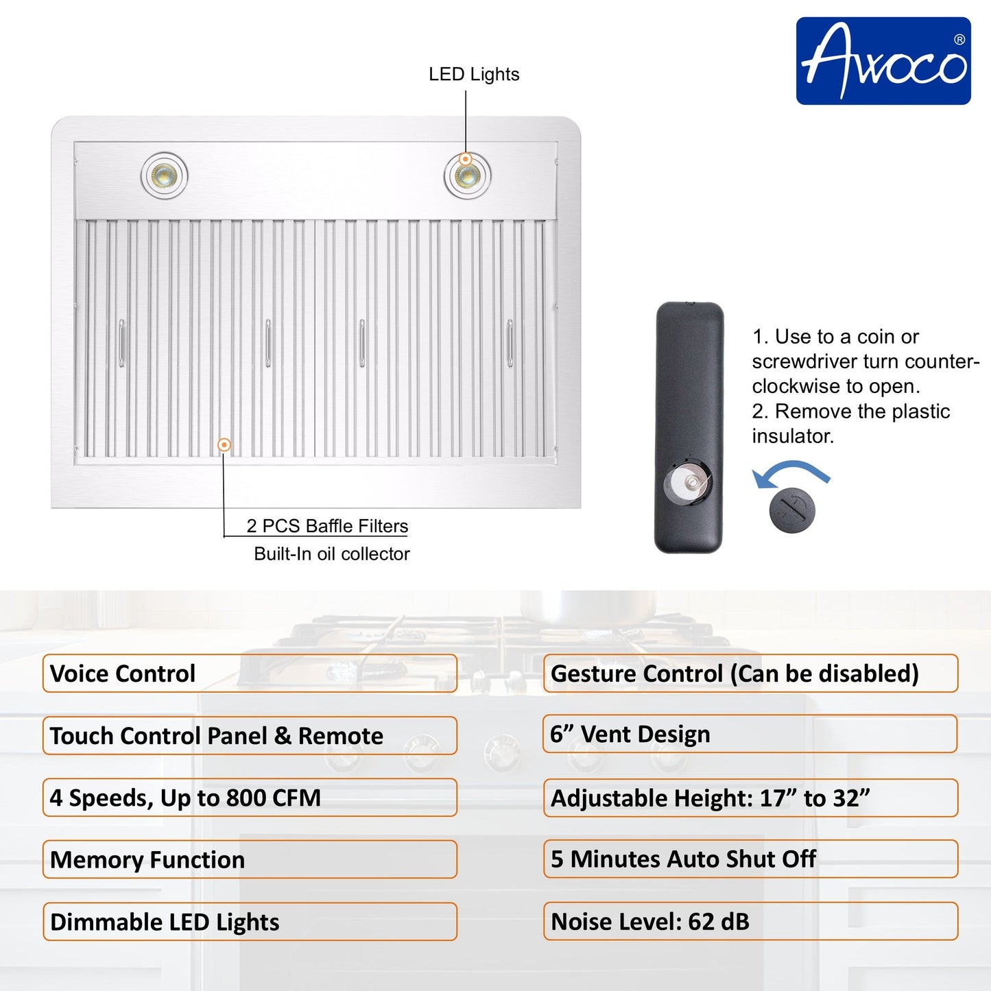 Awoco RH-WT-V Wall Mount Range Hood - 800CFM - Voice & Gesture -  Adjustable Chimney, With 6” Blower Unit - RH-WT-V30+RH-SP06-BLW