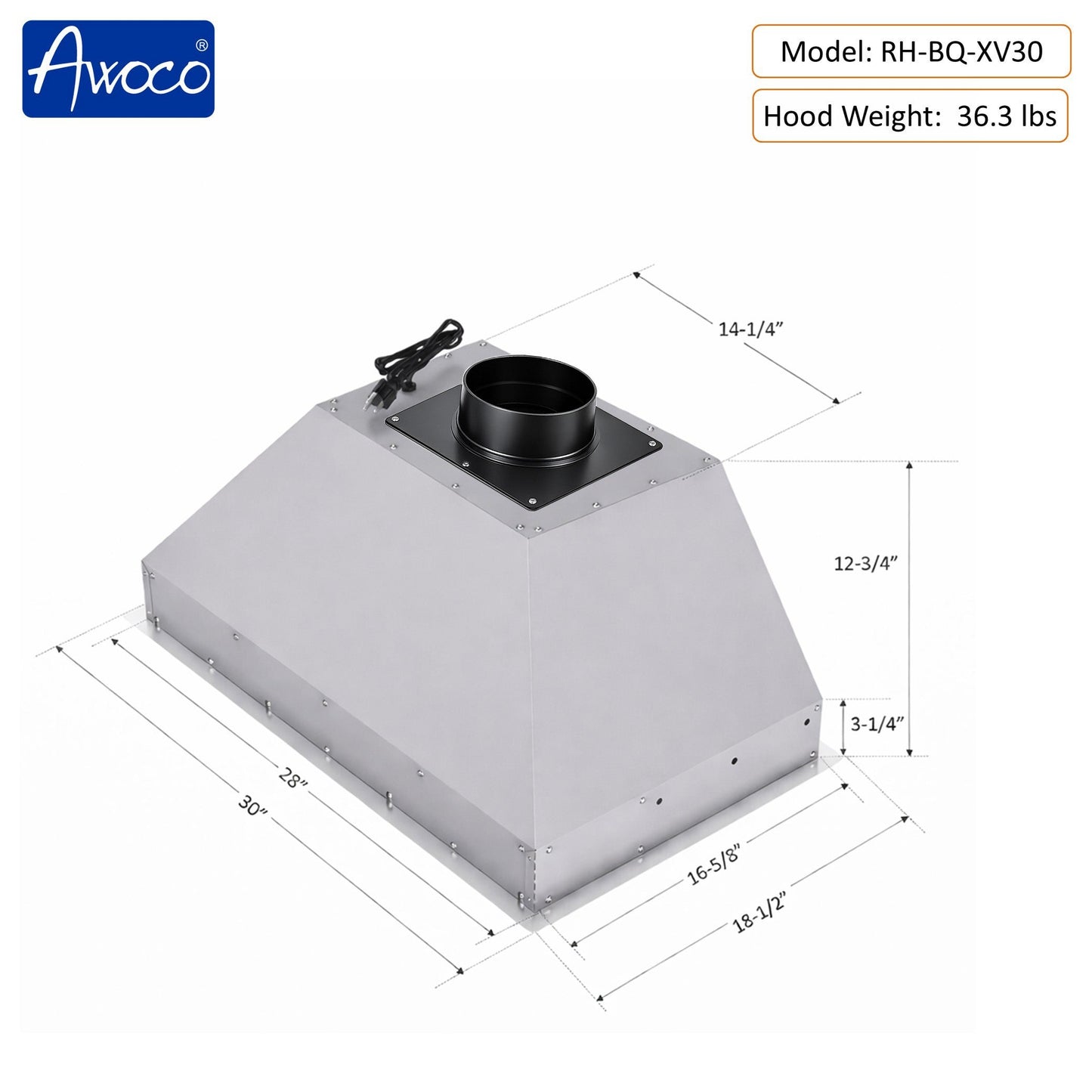AWOCO RH-BQ-XV+8BLW Split Quiet Range Hood Insert Voice & Gesture Control 1000 CFM With 8” Blower Unit - RH-BQ-XV30+RH-SP08-BLW