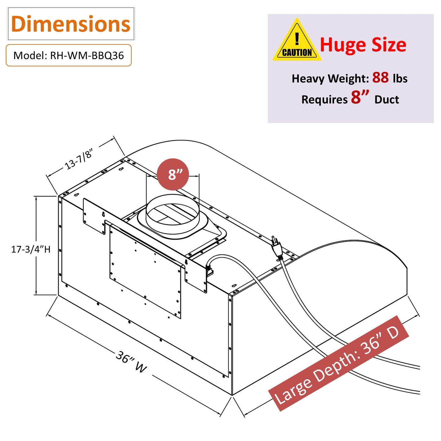 Awoco 36" Outdoor BBQ Vent Hood 18" High Type 304 Stainless Steel, 4 Speeds 1000 CFM with Chimney Cover, 8” Round Top Vent - AWC-RH-WM-BBQ-36+Chim-12x36
