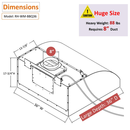 Awoco 36" Outdoor BBQ Vent Hood 18" High Type 304 Stainless Steel, 4 Speeds 1000 CFM with Chimney Cover, 8” Round Top Vent - AWC-RH-WM-BBQ-36+Chim-12x36
