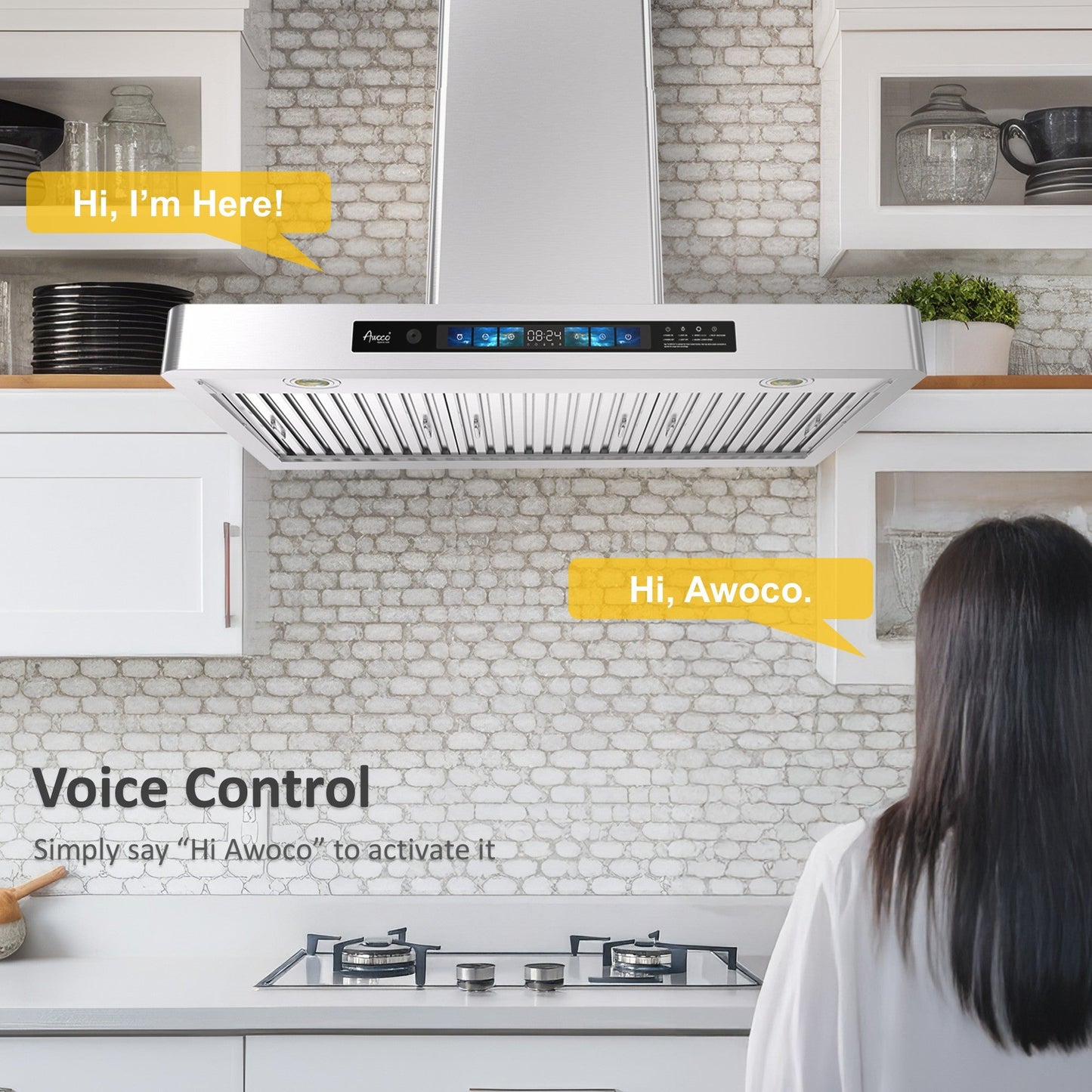 AWOCO RH-WT-V Wall Mount Range Hood - 800CFM - Voice & Gesture - Adjustable Chimney - RH-WT-V30