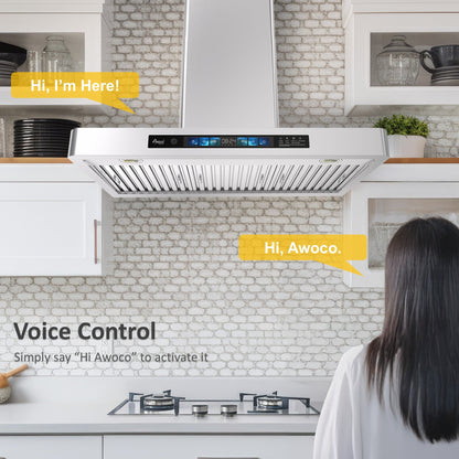 AWOCO RH-WT-V Wall Mount Range Hood - 800CFM - Voice & Gesture - Adjustable Chimney - RH-WT-V30