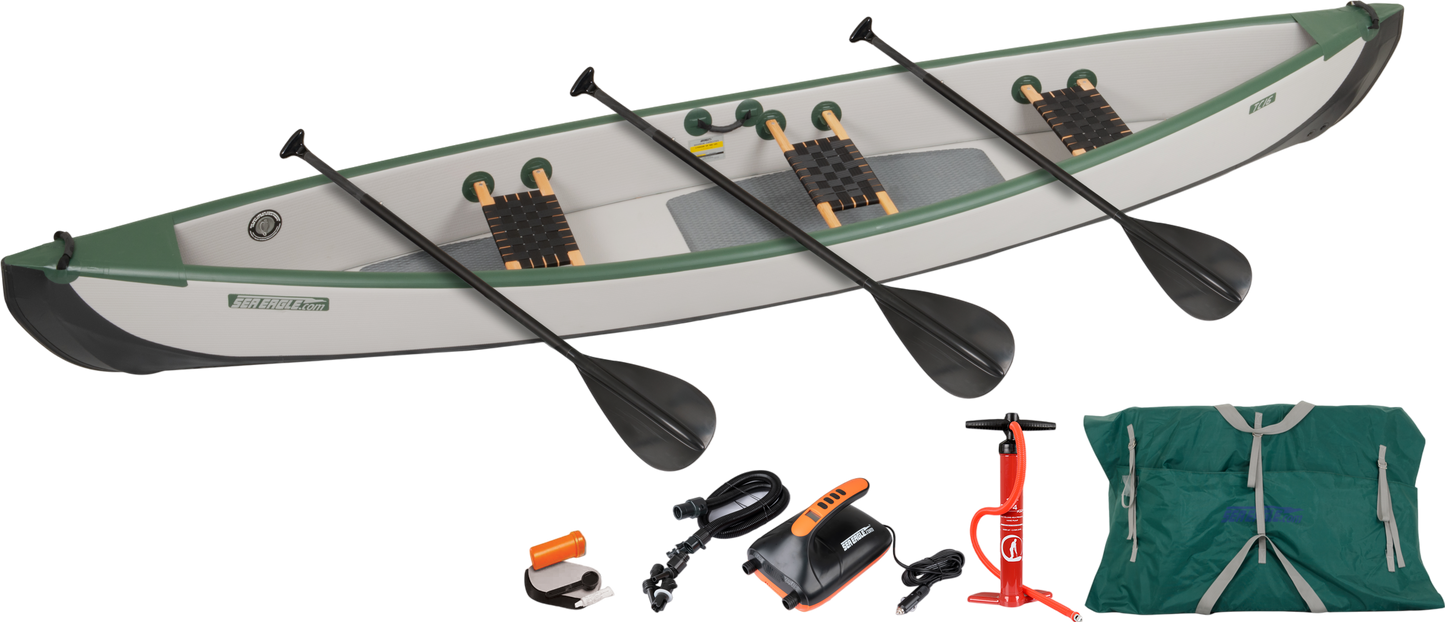 Sea Eagle TC16K_EP3W Inflatable Travel Canoe Wood/Web Seats Electric Pump for 3 Package New - TC16K_EP3W
